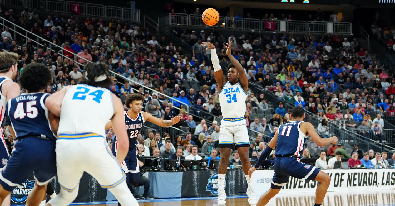 Mar 23, 2023; Las Vegas, NV, USA; UCLA Bruins guard David Singleton (34) shoots the ball against the Gonzaga Bulldogs during the first half at T-Mobile Arena.